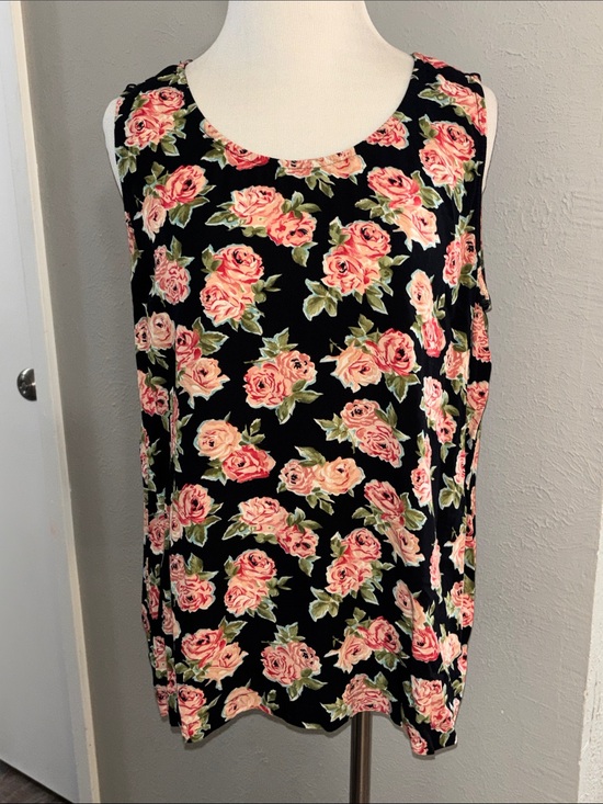 Carole Little Tops - Floral Sleeveless Black & Pink Rose Tank Top
